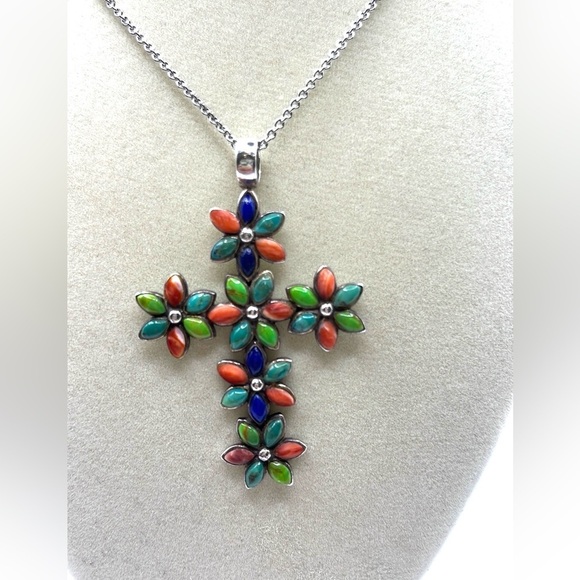 Cross Turquoise, Lapis & Spiny Oyster Flowers Pendant Necklace SU sterling 925 - Picture 1 of 11